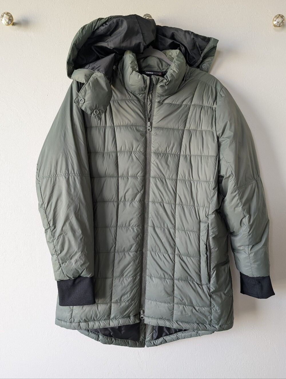 Swiss Tech Nylon Quilted Hooded Puffer Parka Jacket Olive Green Size L